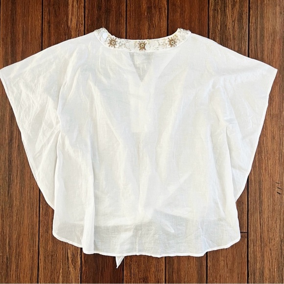Chico’s Linen Cotton Beaded Tie Front Top Boxy Beachy Coastal 10 Lagenlook Chic - Picture 11 of 12
